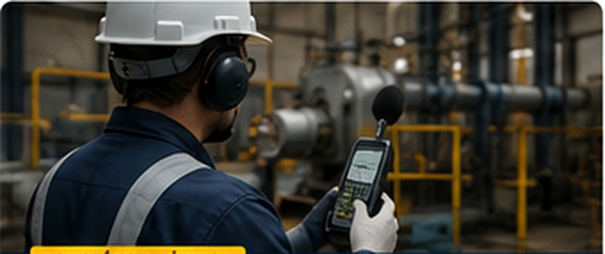 Cenário industrial realista de avaliação ocupacional de ruído, com profissional utilizando proteção auditiva e instrumento de medição em área produtiva.