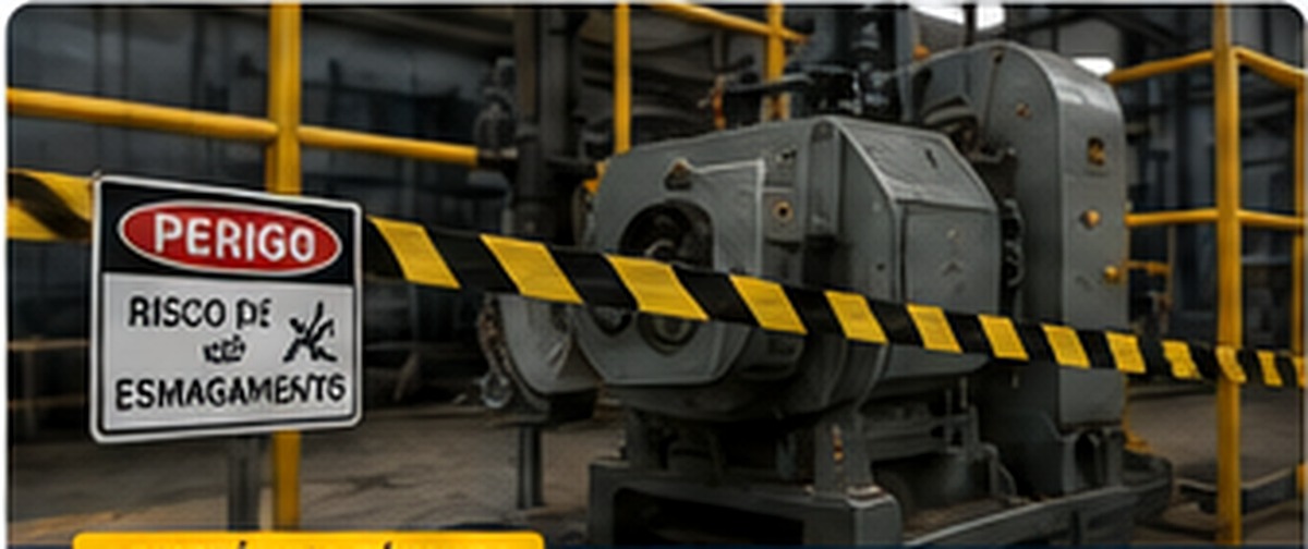 Cenário industrial realista de análise de acidente com máquina, destacando equipamento, área de risco, barreiras e condições para investigação técnica.