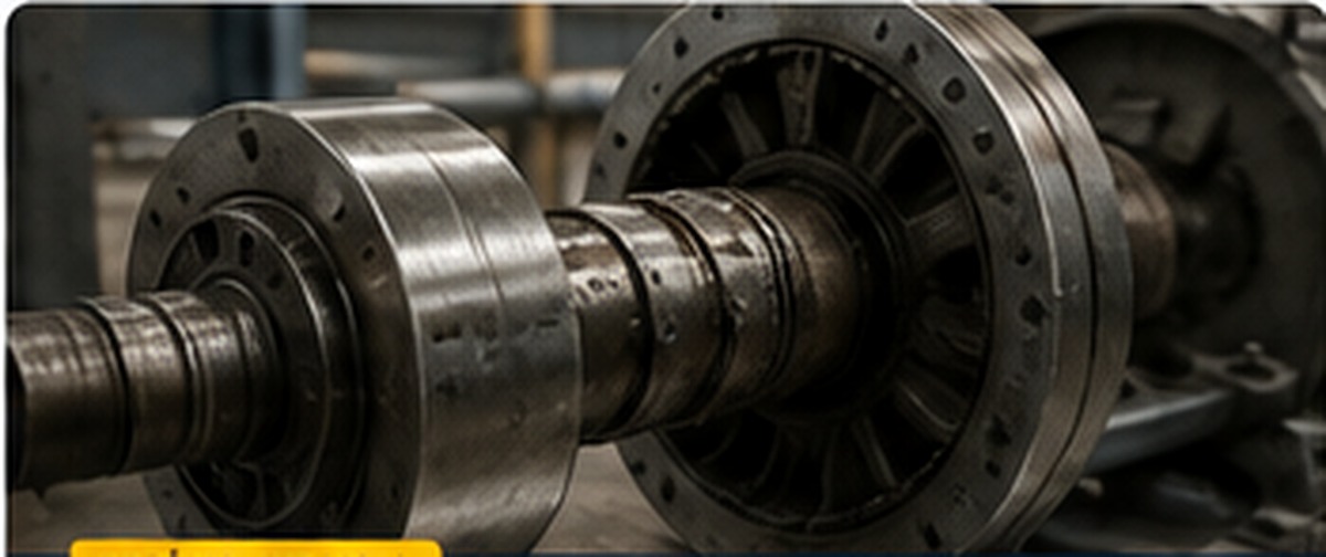 Cenário mecânico realista de análise de falha em equipamento industrial, com eixo, acoplamento e componentes inspecionados em contexto pericial.