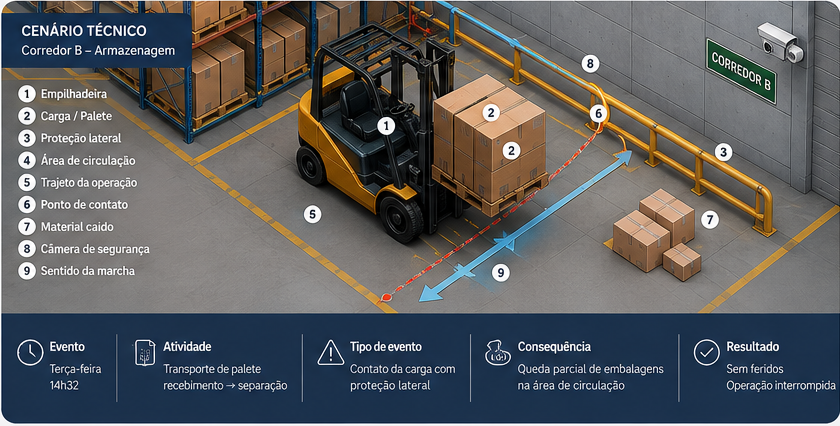 Cenário técnico fictício em perspectiva isométrica com empilhadeira, palete, rota de circulação e ponto de evidência.