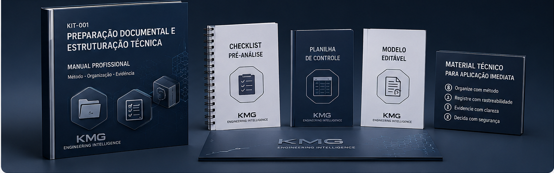 Apresentação editorial tridimensional do KIT-001 com manual, checklist, planilha e modelo editável.